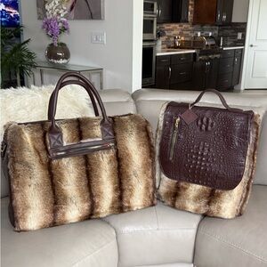 Faux Fur and Brown Leather Bag Set